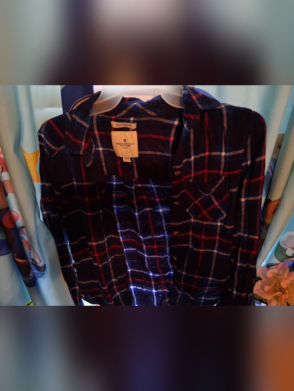 American Eagle Outfitters Blue and Red Plaid Boyfriend Shirt